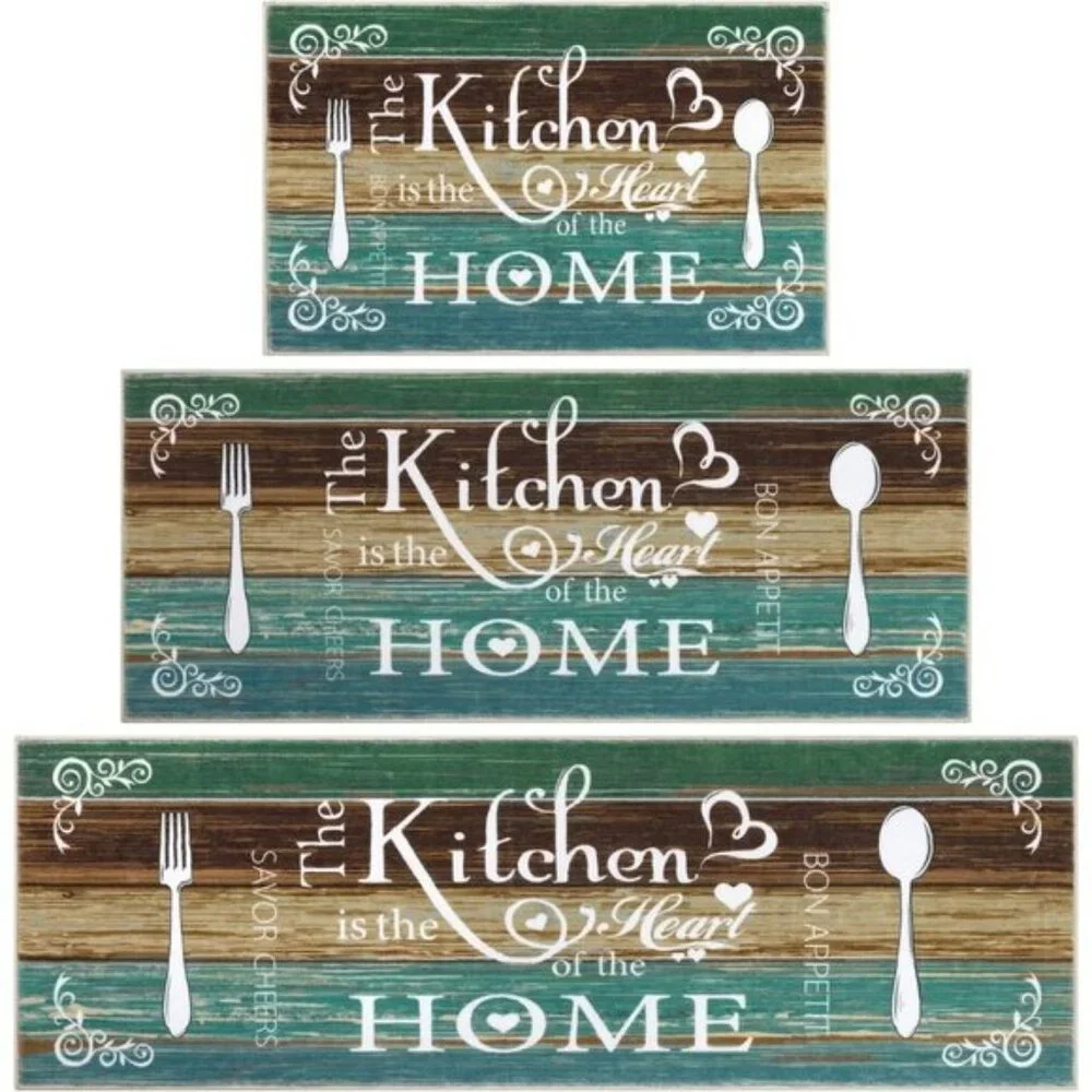 New 3-Piece Kitchen Area Rug Set, Washable Non-Slip Mats for Floor - Teal